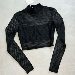 JLUXLABEL S Black Cropped Top High Neck Turtleneck Sheer Long Sleeve Mesh Stripe